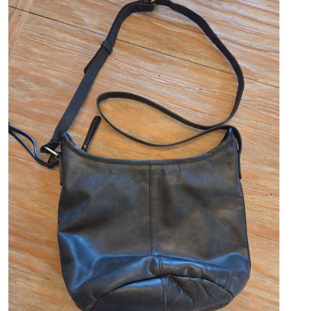 Vintage Born Black Leather Small Bucket purse, Thin Shoulder strap, cross body